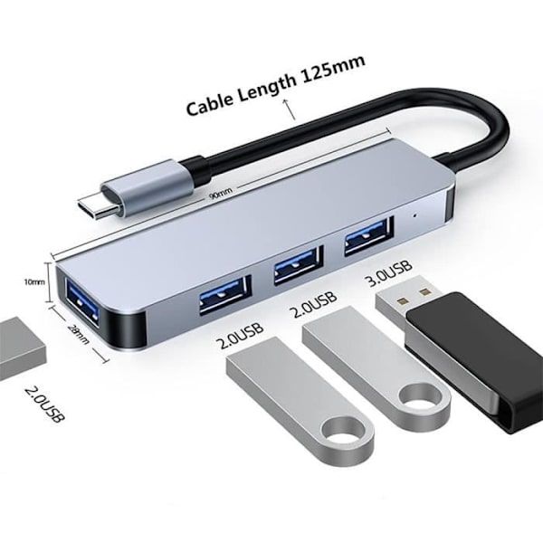 Hub-adapter USB-C 4 i 1 - BOOLING - MacBook Air-Pro iMac - 1 USB 3.0 - 3 USB 2.0 - Aluminium grå