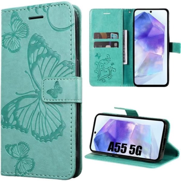 Skyddsfodral - Samsung - Galaxy A55 5G - Stötsäker - Syntetiskt läder - Fjärilsmönster - Grön Grön