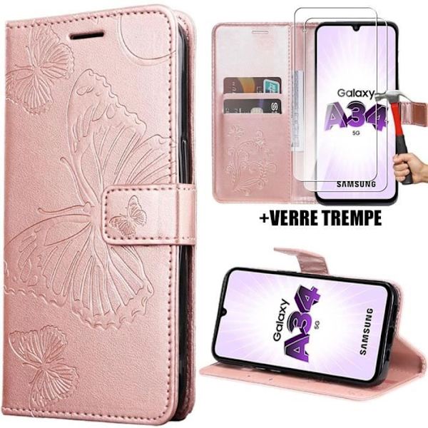 Fodral + 2 härdade glasögon för Samsung Galaxy A34 5G, skydd Stötsäkert flik Lädereffekt Rosa fjärilstryck