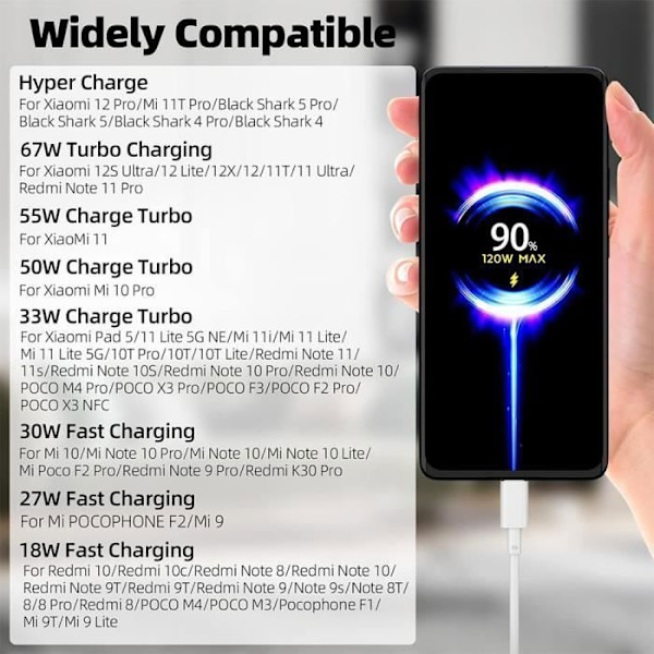 3x Snabbladdningskabel 6A USB-C för Xiaomi Redmi Note 15 Note 14 Note 13 Note 11 Pro-Note 11 Pro+ - 1M Vit Vit