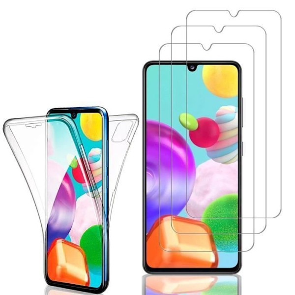 För Samsung Galaxy A41 6.1": Silikonfodral 360° Fullständigt fram- och bakskydd - TRANSPARENT + 3x härdat glasfilmer