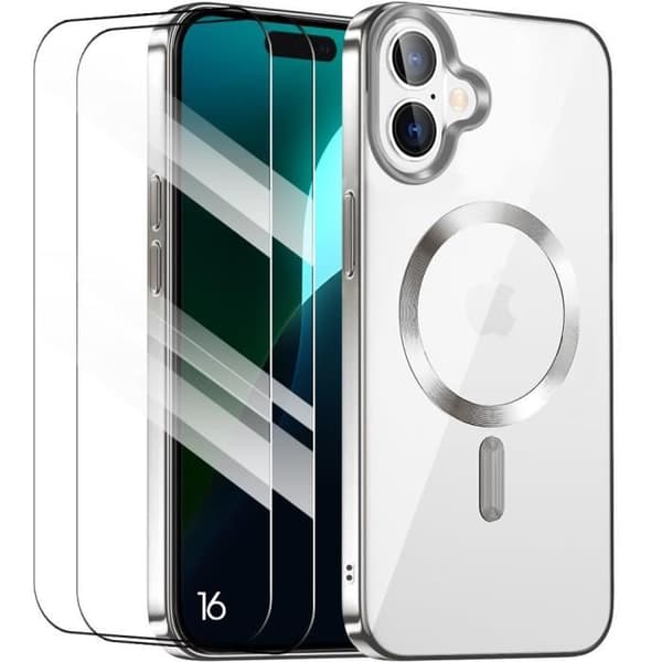 Skyddsfodral - BOOLING - för iPhone 16 - Transparent - Silverfärgad kant - 2 härdade glas Transparent, Silver
