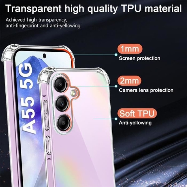 Fodral till Samsung Galaxy A55 5G - Transparent stötsäker TPU + 2 skyddsglas av härdat glas