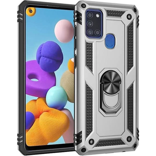 Fodral till Samsung Galaxy A21s Ny robust ringhållare [fungerar med magnetisk bilhållare] Fodral, silver