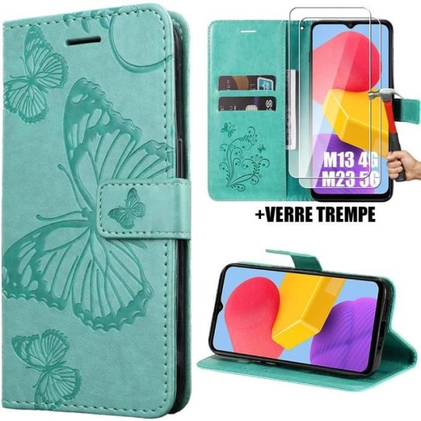 Coque - Samsung - Galaxy M13 4G/M23 5G - Effek Skinn Grön - Motiv Fjäril - 2 Härdat Glas Grön