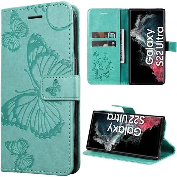 Fodral för Samsung Galaxy S22 Ultra, anti-skrapa skyddande lädereffekt Grön Elegant fjärilsmönster (ej för S22)