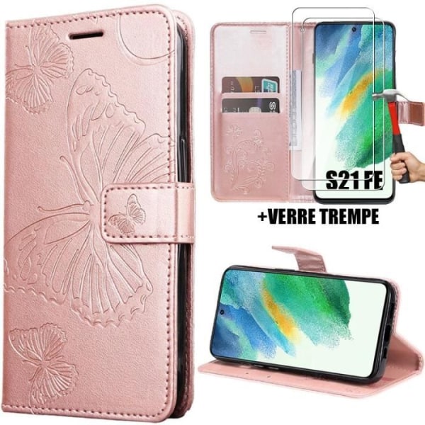 Fodral och 2 härdade glasögon för Samsung Galaxy S21 FE, stötsäkert skydd i rosa syntetiskt läder med tryckt fjärilsmönster (ej för S21)