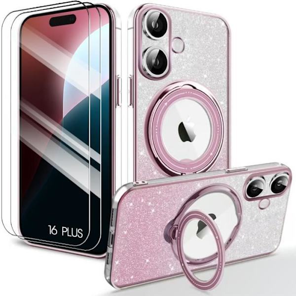 Skyddsfodral - BOOLING - iPhone 16 Plus - Blank silikon - Magnetiskt ställ - 2 härdade glas Rosa