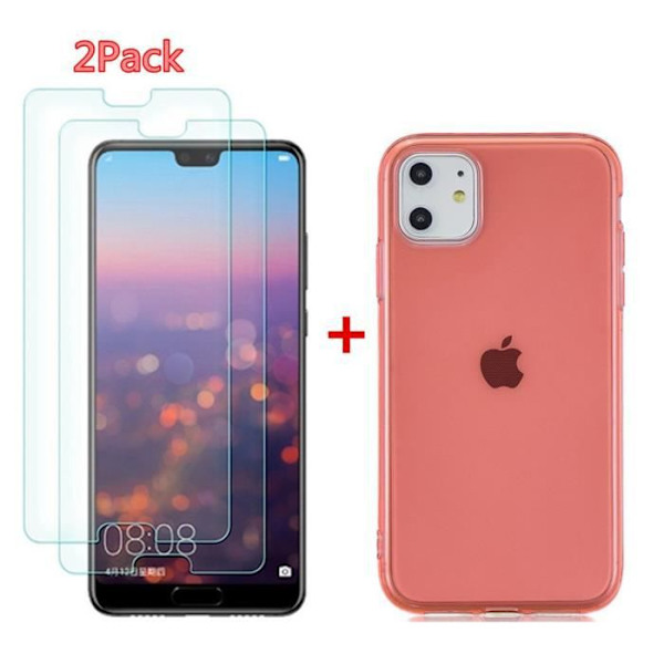Mjukt flexibelt fodral för Apple iPhone 11 Pro (5,8"), genomskinligt fodral 2 STK härdat glasfilm + 1 ST TPU Silikon Slim Cover Röd