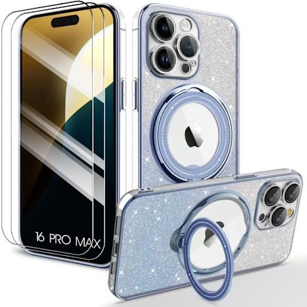 Fodral till iPhone 16 Pro Max med roterande magnetstativ + 2 härdade glasögon - blått glittrande skydd Blå