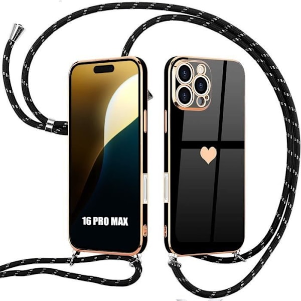 Halsbandsfodral för iPhone 16 Pro Max - Mjukt svart silikon Stötsäkert hjärtamönster med justerbar snodd