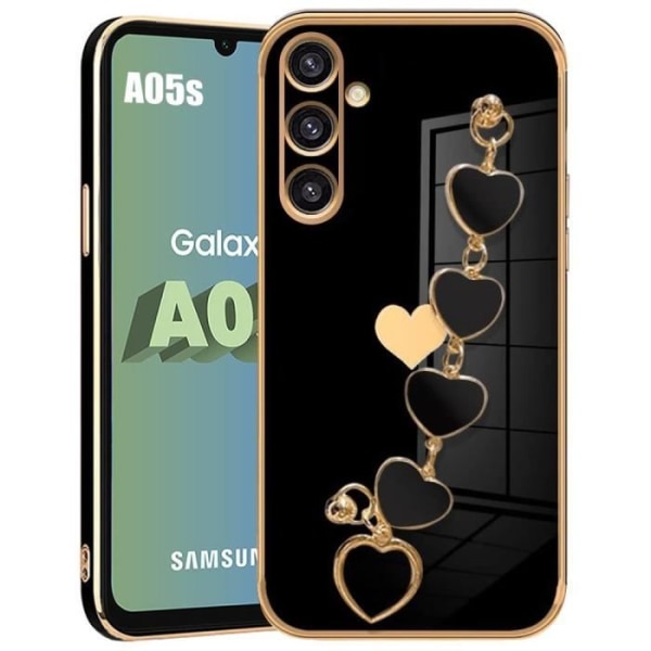 Fodral för Samsung Galaxy A05s (inte för A05), Mjukt TPU-fodral med rem, Love Plating Mönster Design - Svart