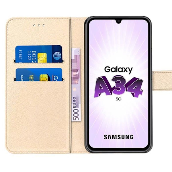 Fodral för Samsung Galaxy A34 5G med 2 härdade glasögon - skyddande guldlädereffekt magnetisk stängning