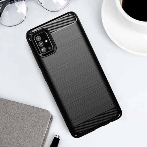 Pakke til Samsung Galaxy A51 6,5" SM-A515F: Carbon Fiber Silikone Cover - SORT + 3x hærdet glasfilm SVART