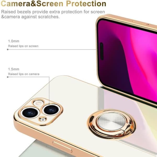 Skyddsfodral för iPhone 15 Plus - BOOLING - Vit silikon - 360° roterande ring Vit