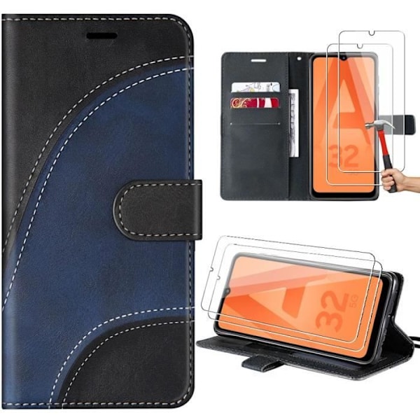 Skyddande skal - BOOLING - Samsung Galaxy A32 5G - PU-läder - Svart/Mörkblå - 2 Härdade Glas Svart, Marinblå
