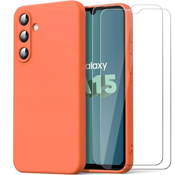 Skyddsskals - Samsung - Galaxy A15 - Flytande silikon orange - 2 härdade glas - Halkfri Orange