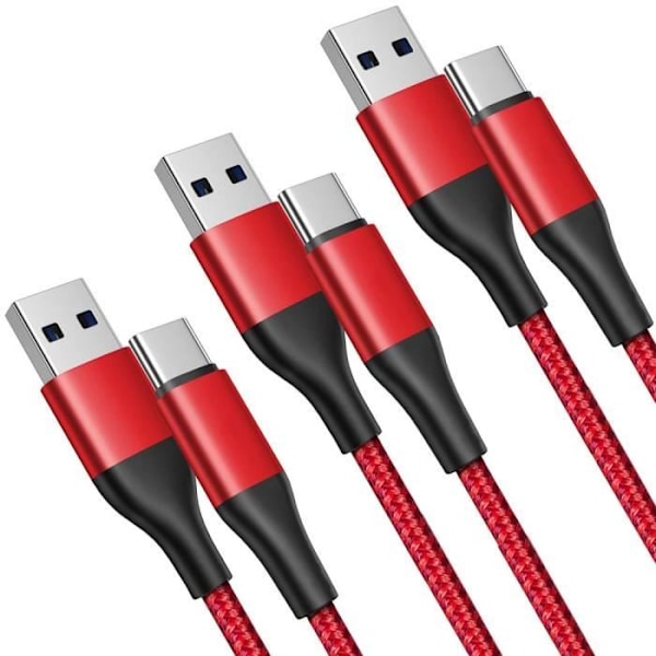 Pack med 3 snabba USB-C-kablar för Samsung Galaxy A56 A55 A26 A25 A15 A05s A35 S24 Ultra S24 FE - 1M Röd nylonflätad Röd