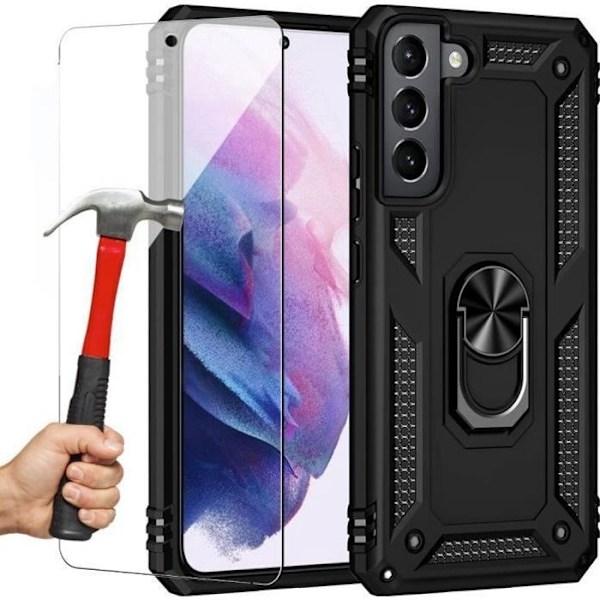 Coque för Samsung S22 Plus (6,55") - BOOLING - Hård skal med ringstöd - Svart - 2 Härdade glas Svart