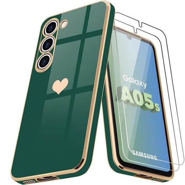 Fodral + 2 härdade glasögon för Samsung Galaxy A05s (ej för A05), TPU med Love Heart-mönster, stötsäkert skydd, midnattsgrön
