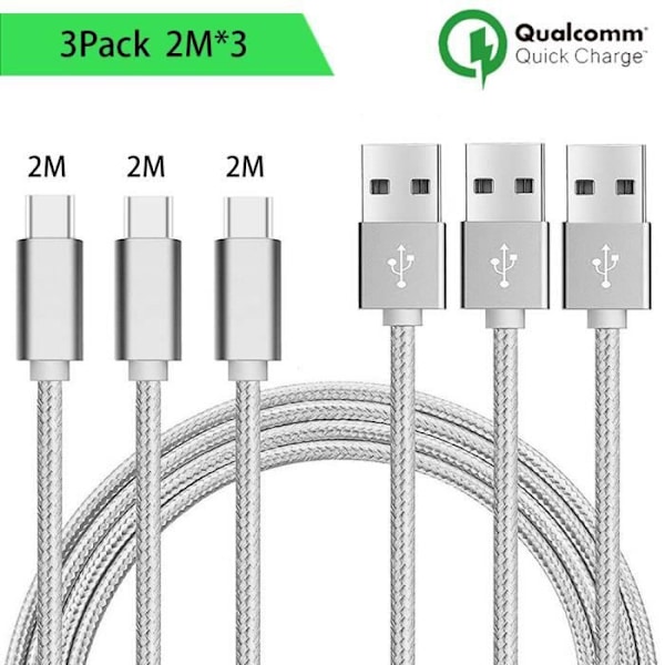 USB Typ C-kabel, paket om 3, 2M - Silver Nylon