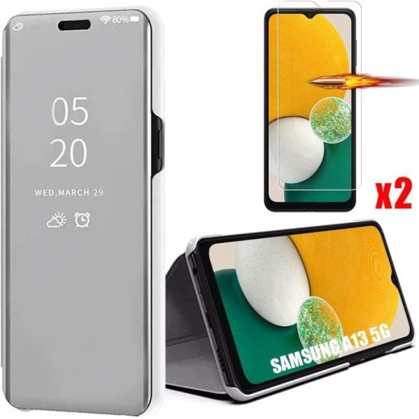 Fodral till Samsung Galaxy A13 5G Smart Fodral Mirror Effect Clear View Silver + 2 härdade glasögon Silver