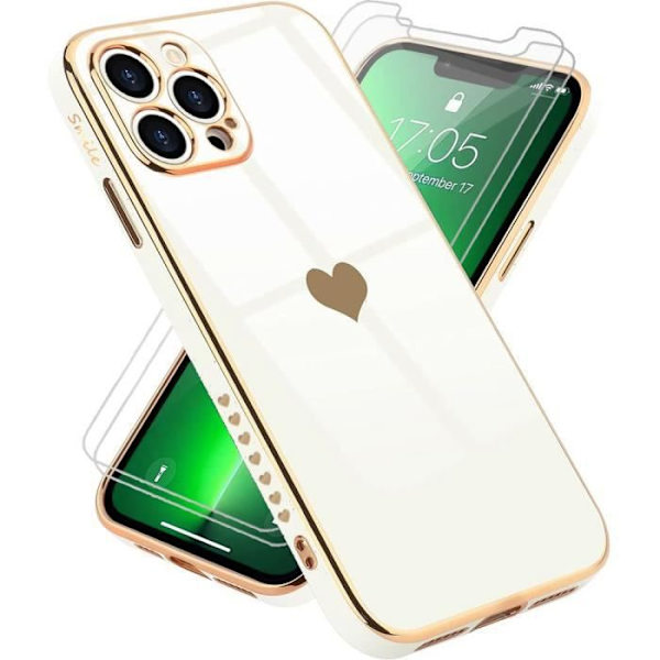 Fodral för iPhone 13 Pro Max (6,7") Vit paket 2 Hjärtmönster i härdat glas Galvaniserat Guld TPU Lyx Stötsäker Anti-Scratch Vit