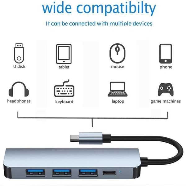 5 i 1 USB-C-adapternav - BOOLING - PD 100W - 1 USB 3.0-port - 3 USB 2.0-portar - Grå