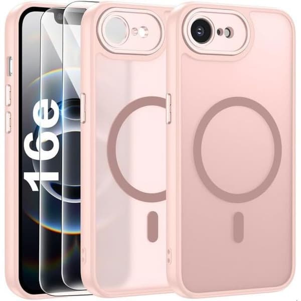 Coque för iPhone 16e - BOOLING - Hård skydd - Rosé - 2 Härdade glas - Stötsäker Rosa