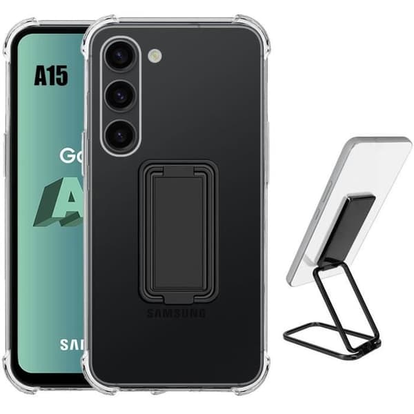 Coque - BOOLING - för Samsung Galaxy A15 4G-5G - Transparent Silikon - Stötsäker - Fällbart Stöd Transparent