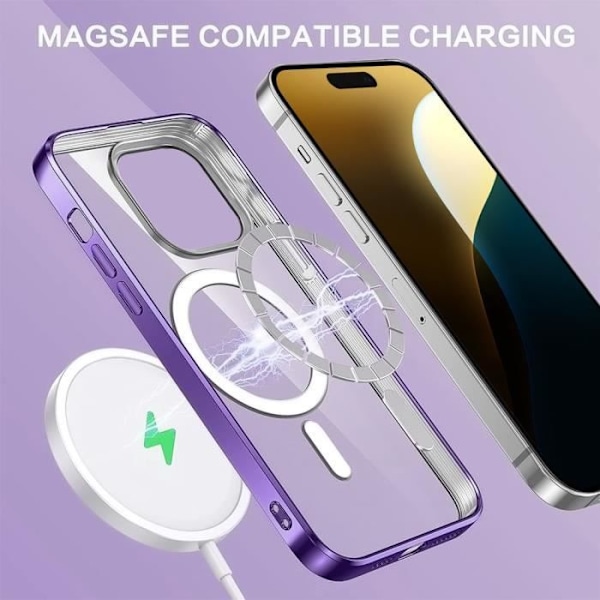 Cover til iPhone 16 Pro Max med magnetring + 2 hærdede briller, gennemsigtig beskyttelse skinnende lilla kontur