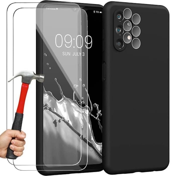 Fodral för Samsung Galaxy A13 svart silikon och 2 skärmhärdat glas + 2 bakre kameraskydd Svart, klar