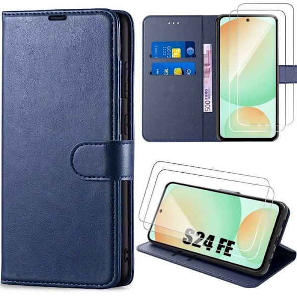 Fodral + 2 härdade glasögon för Samsung Galaxy S24 FE (ej för S24), Plånboksskydd PU-läder Marinblå