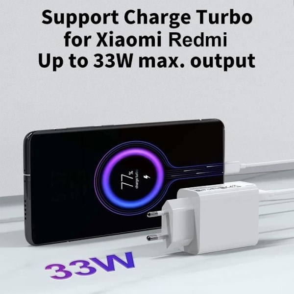 Hurtigoplader 33W - E.F.Connection - Kompatibel med Xiaomi 14, 13, 12, Redmi Note 12 - USB-A - Hvid - 40g Vit