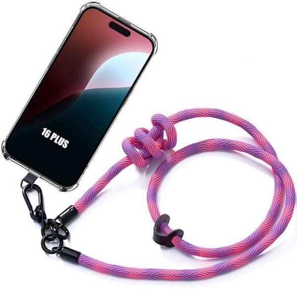 Crossbody-fodral för iPhone 16 Plus, genomskinligt repskydd med rosa axelrem