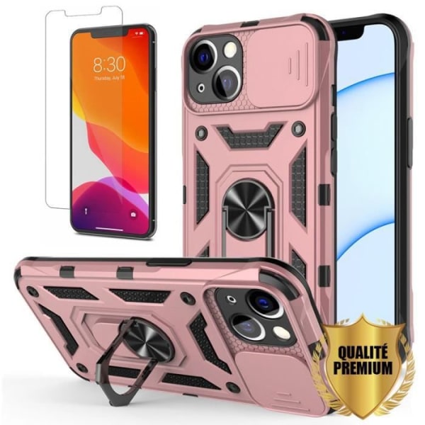 Etui til iPhone 13 Pink Slim stødsikker med 360° roterende ringholder + 2 pakke hærdet glas Rosa