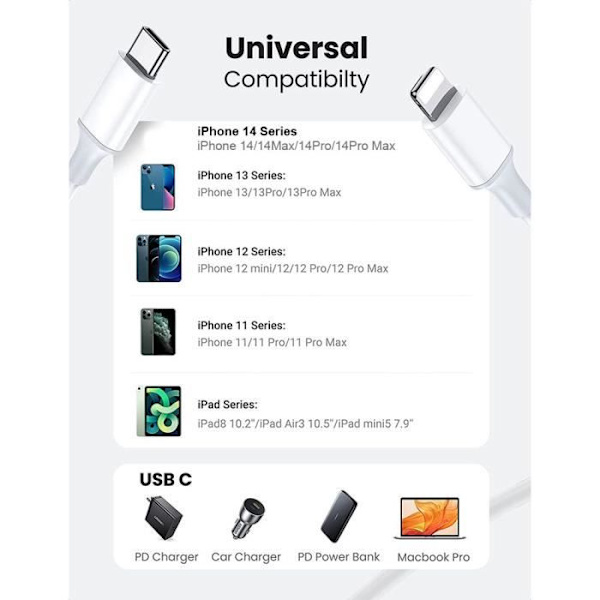 USB-laddningskabel för iPhone 14 Pro Max - E.F.ANSLUTNING - USB C till Lightning-kabel - 2 meter - Vit Vit