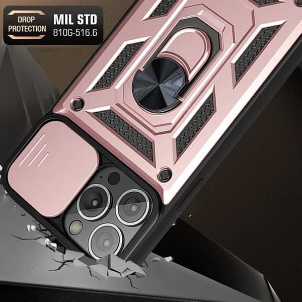 Fodral för iPhone 14 Pro Max - Stötbeständig - Rosa - Inbyggt stativ - Skjutlock - Rotationsring Rosa