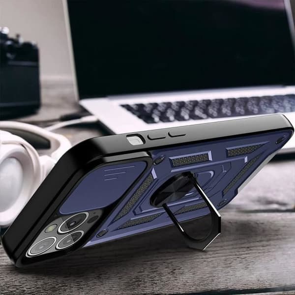 Skyddsskal - Oförstörbart - för iPhone 13 Pro Max - Mörkblå - Flexibelt ställ - 2 Härdade glas Blå