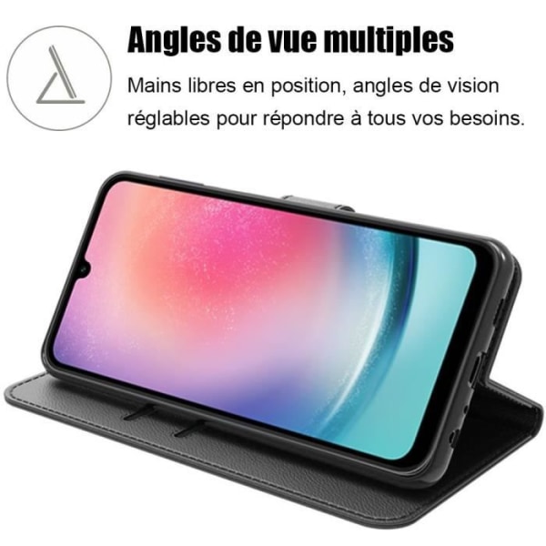 Fodral + 2 härdade glasögon för Samsung Galaxy A24, Stötsäkert skyddsfodral Lädereffekt Svart