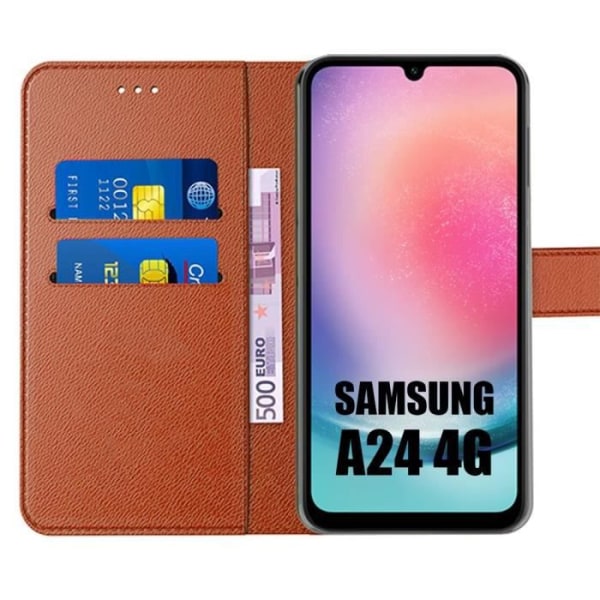 Samsung Galaxy A24 Fodral + 2 härdade glasögon - Anti-Scratch PU Läder Flip Fodral - Brun