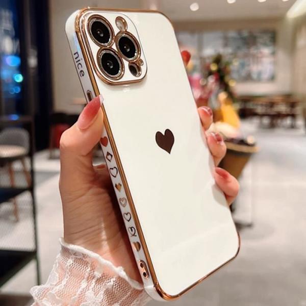 Fodral för iPhone 13 Pro Max (6,7") Vitt hjärtmönster Galvaniserat guld TPU Lyx Stötsäker Anti-Scratch Vit