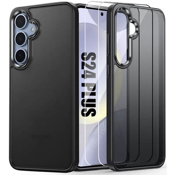 Fodral + 2 härdade glasögon för Samsung Galaxy S24 Plus (S24+), genomskinlig mot repor med svart silikonkant
