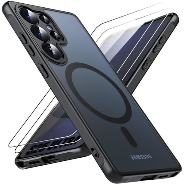 Coque och 2 Doppade Glas för Samsung Galaxy S25 Ultra, Skydd med Magnetisk Ring och Kameraglas - Svart