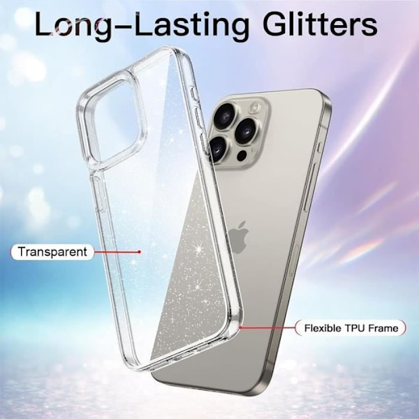 Cover og 2 hærdede briller til iPhone 16 Pro, transparent anti-ridse skinnende glittereffekt cover