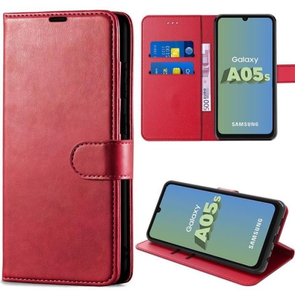 Fodral för Samsung Galaxy A05s, stötsäkert skyddsfodral i PU-läder med kortficka och justerbart stöd - Röd (ej för A05)
