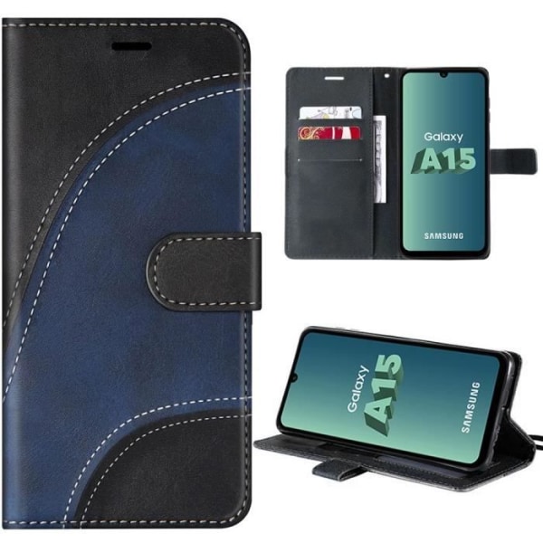 Skyddshölje - Samsung - Galaxy A15 5G - PU-läder - Stötsäker - Inbyggt stativ Svart, Marinblå