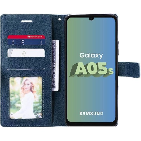 Coque för Samsung Galaxy A05s - BOOLING - Semi-rigida - Syntetläder - Flik - Mörkblå med 2 Härdat glas marinblå