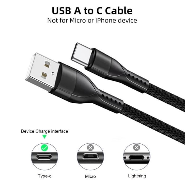 USB-C-kabel - BOOLING - 1M - Flätad Nylon - 3A - Kompatibel med Xiaomi Redmi 14C/13C/Note 13 5G/Redmi Note 14 5G Svart