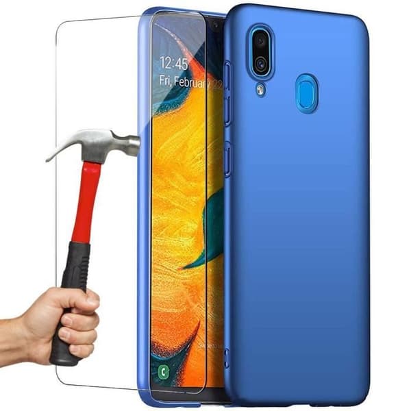 Mobilskal - BOOLING - för Samsung Galaxy A20e - Blå Flytande Silikon - 2 Härdat Glas - Stöttålig Blå